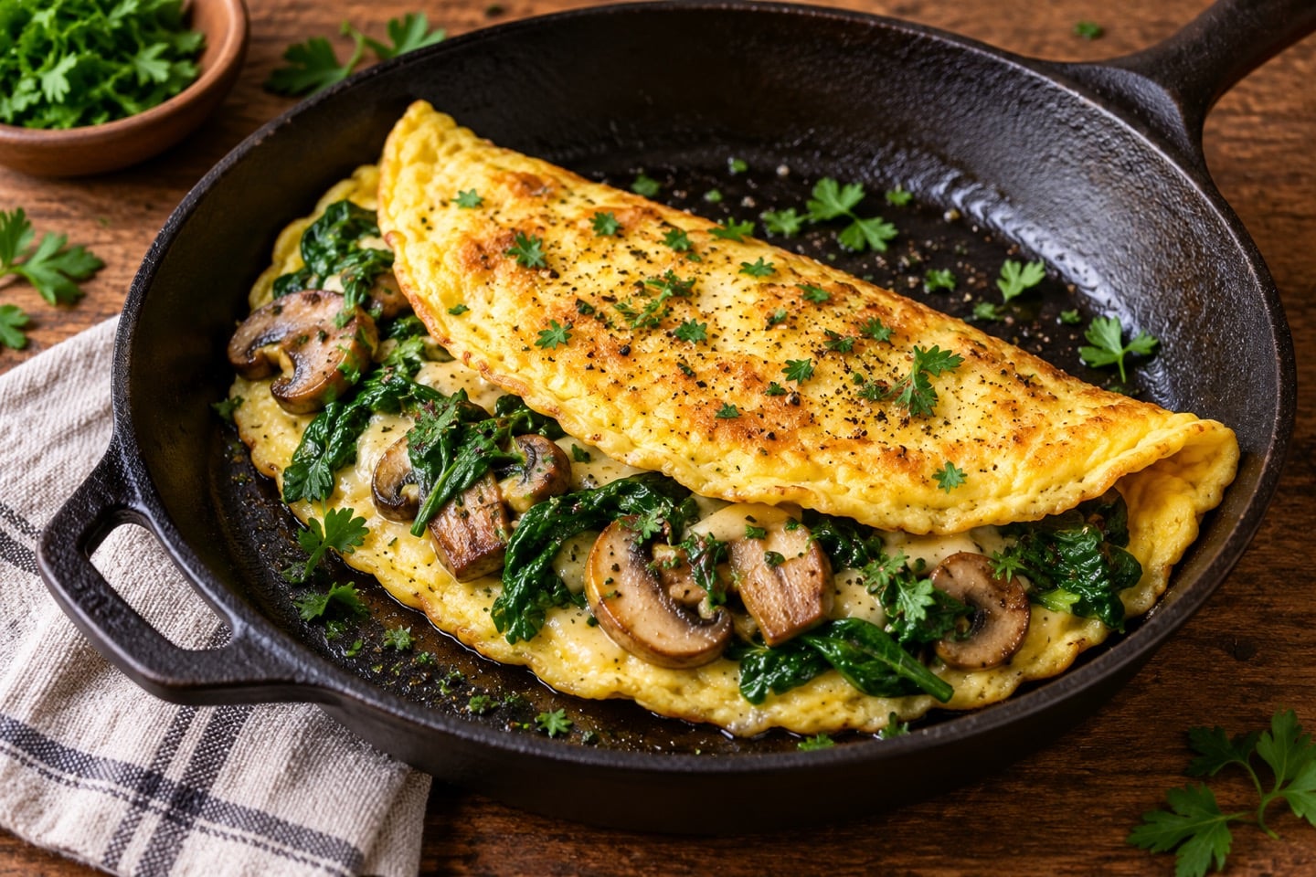 Golden vegetable omelette in a skillet with fresh herbs