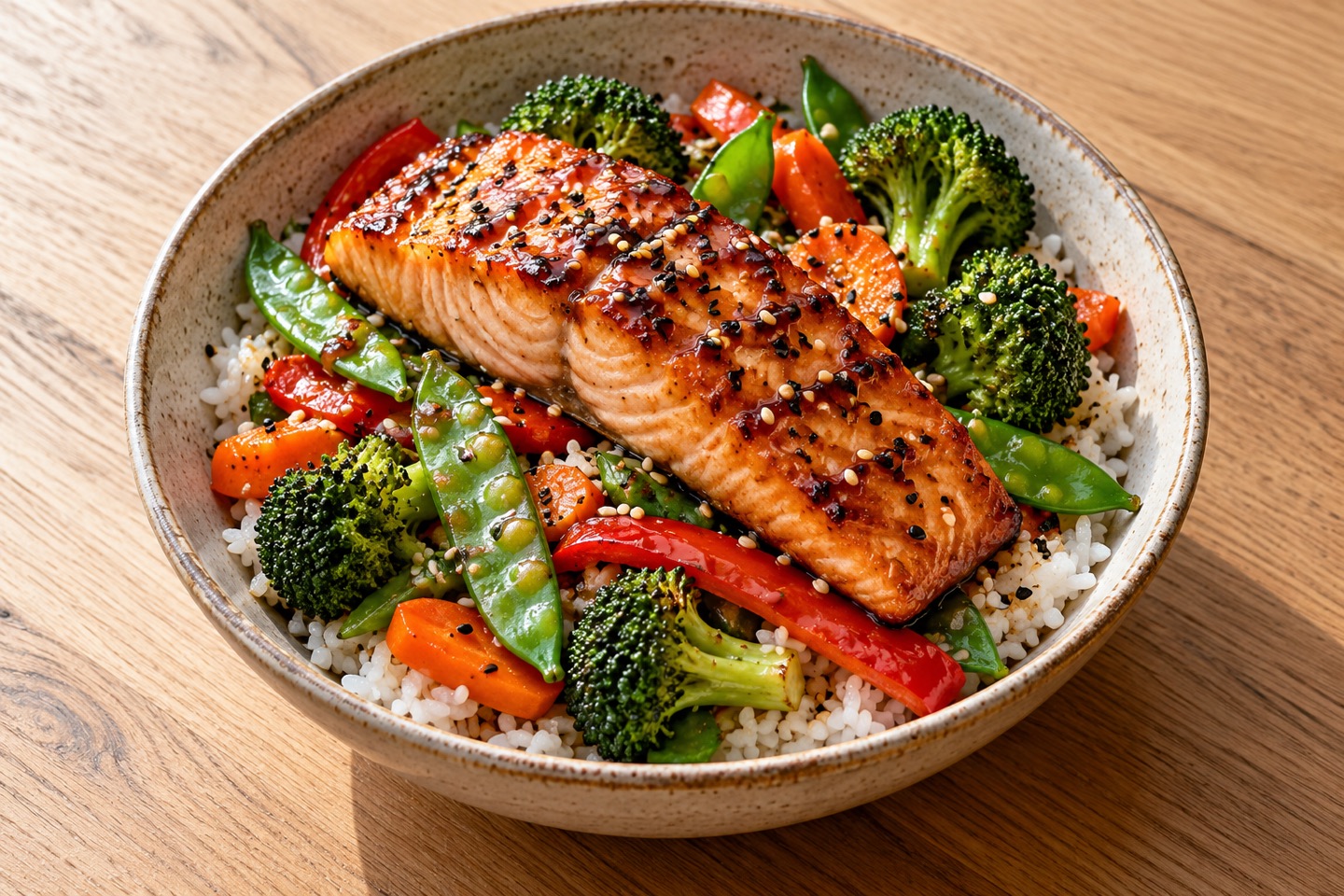 Salmon over rice with vegetables and soy glaze